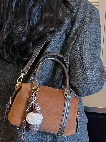 Vintage Canvas Boston Bag Women Fashion Patchwork Crossbody Bag Casual Handbag Small Pillow Bag With Pendant Commute Bag
