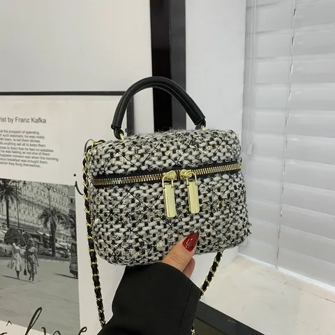 Dames Mini Tweed Crossbodytas Vintage Geruit Ketting Handtas Kleine Vierkante Emmertas Vanity Case Box Bag PU Leer Voor Dagelijks Feest Vrouwen