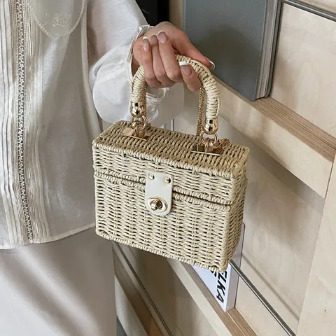Borsa a Tracolla in Paglia Stile Retrò Francese da Donna Designer Box Borsa a Mano per Vacanze al Mare Estive Borsa a Spalla Casual