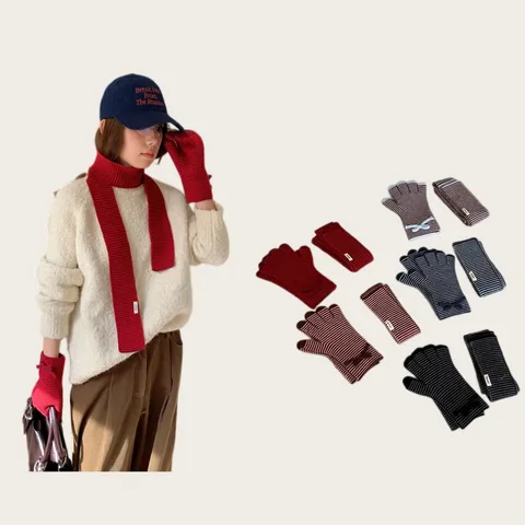 Women Striped Knit Scarf And Glove Set Winter Warm Soft Polyester Knitting Scarf And Gloves For Outdoor Daily Fashion Accessory