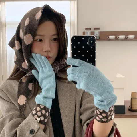 Vintage Polka Dot Knit Triangle Scarf Warm Gloves Blended Fabric Korean Style Winter Neck Warmer Hand Protection Accessories