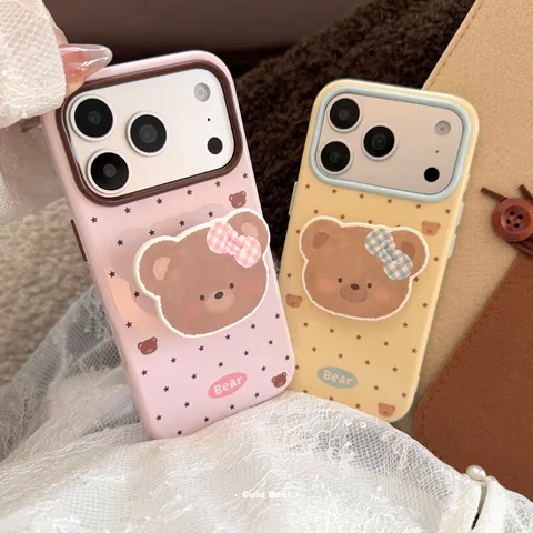 Leuke Beer Strik Telefoonhoesje Met Houder Voor IPhone 18 17 16 15 14 13 Pro Max TPU Beschermhoes Zachte Cover Meisjes Stijl Accessoire