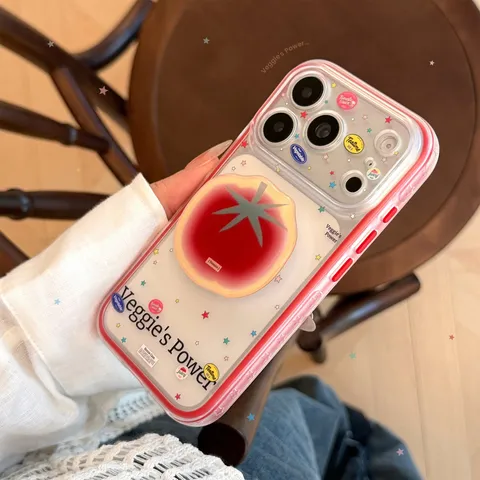 Funda de TPU para Teléfono Con Soporte de Tomate para iPhone 16 17 18 Pro Max Estrellas de Colores Graffiti Transparente Antigolpes Cubierta Suave Accesorio de Teléfono Creativo Personalizado