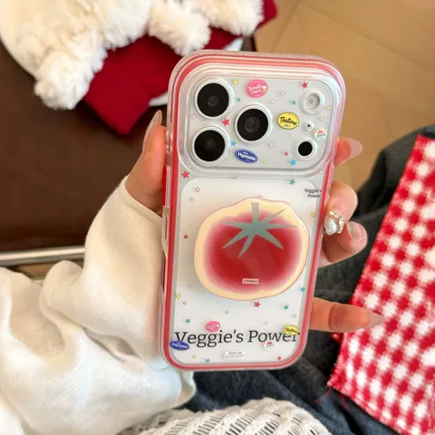 Funda de TPU para Teléfono Con Soporte de Tomate para iPhone 16 17 18 Pro Max Estrellas de Colores Graffiti Transparente Antigolpes Cubierta Suave Accesorio de Teléfono Creativo Personalizado