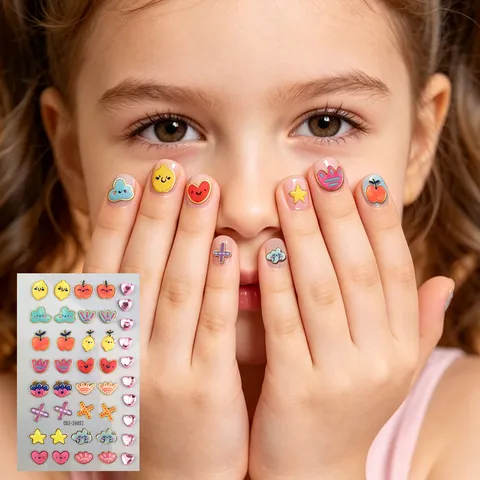 Autocollants à Ongles Dopamine de Dessin Animé pour Enfants Mignon Fruit Cœur Étoile Imperméable 3D Strass Autocollants Art à Ongles DIY Décoration pour Filles