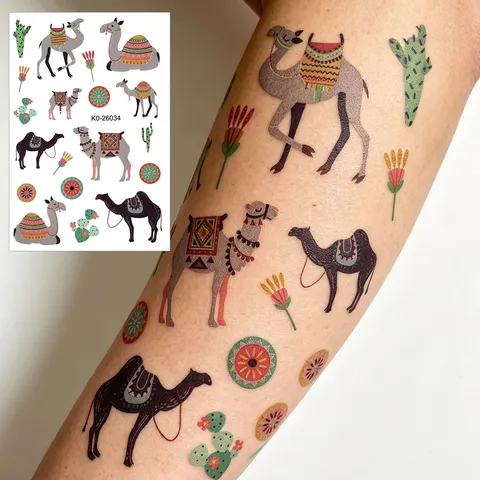 Autocollants de Tatouage Temporaires Imperméables Style Ethnique Exotique Chameau Cactus Fleur Motifs Géométriques pour Bras Body Art Femme Homme