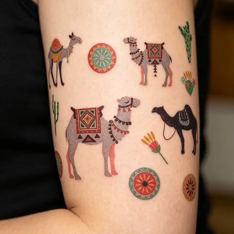 Autocollants de Tatouage Temporaires Imperméables Style Ethnique Exotique Chameau Cactus Fleur Motifs Géométriques pour Bras Body Art Femme Homme