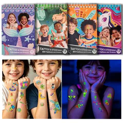 Livret d'Autocollants de Tatouage Temporaire Lumineux Enfants Dessin Animé Dinosaure Espace Sirène Licorne Étanche