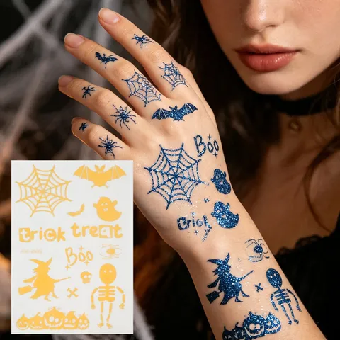 Autocollants de Tatouage Temporaire Pailletés d'Halloween Pour Décoration de Fête Effrayante Citrouille Fantôme Tatouages Corporels