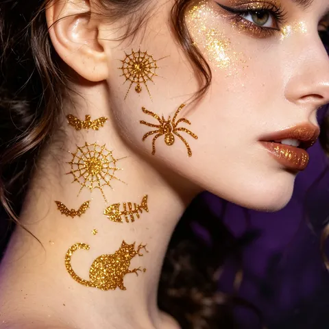 Autocollants de Tatouage Temporaire Pailletés d'Halloween Pour Décoration de Fête Effrayante Citrouille Fantôme Tatouages Corporels