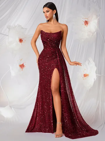 Vestido de Noche Elegante de Lentejuelas Rojo Vino Sin Tirantes Ajustado con Abertura Alta Sirena para Banquete Mujer