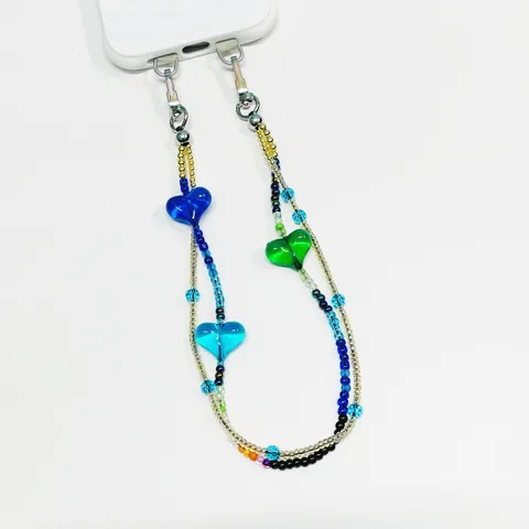 Chaîne de Téléphone Perlée Cœur Néon Multicouche en Acrylique et Verre Dragonne Anti-perte Ornement de Coque pour Femmes