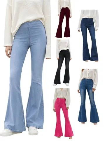Women's High Waist Flare Jeans Cotton Blend Stretch Slim Fit Denim Trousers Solid Color Washed Bell Bottom Pants