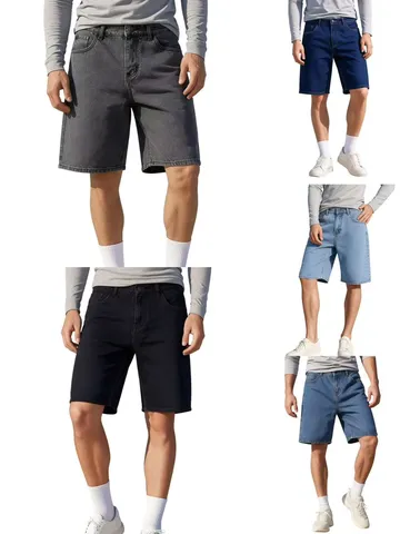 Heren Casual Losse Rechte Denim Shorts Gewassen Katoenmix Halflange Broek Heren Zomer Streetwear Effen Kleur Broek
