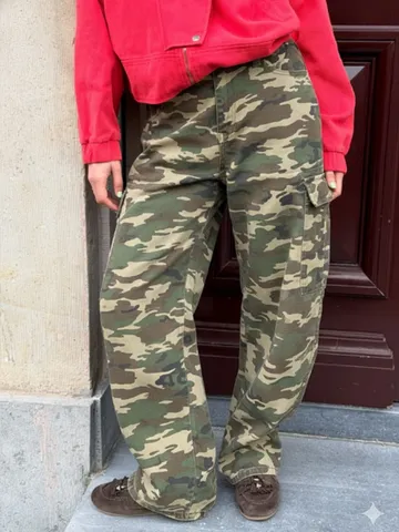 Vaqueros Cargo de Camuflaje para Mujer High Street Ajuste Holgado Pierna Ancha Pantalones de Mezclilla Multibolsillos Lavado Hip Hop Casual