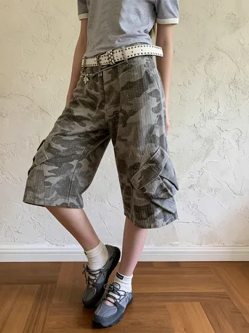 Women's Summer Camouflage Cargo Denim Capris Loose Casual Low Waist Cropped Jeans With Pockets For Outdoor Fashion