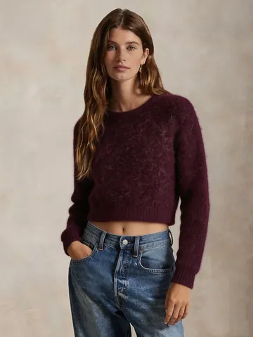 Women's Cropped Knit Sweater Casual Pullover Crew Neck Long Sleeve Solid Color Autumn Winter Fashion Top For Ladies