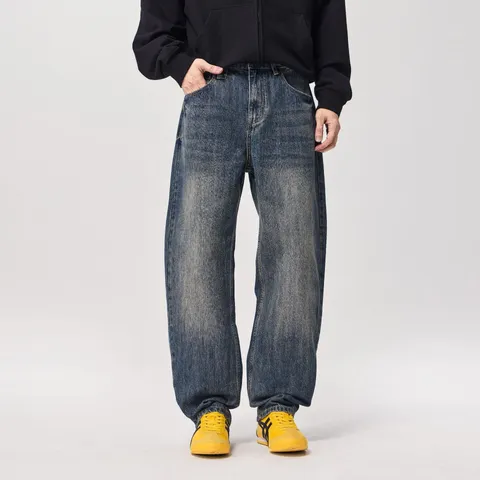 Amerikaanse High Street Heren Vintage Distressed Losse Curved Leg Jeans Casual Retro Gewassen Denim Lange Broek Voor Alle Seizoenen Katoen