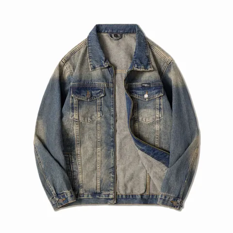 Veste en Jean Vintage pour Hommes Gris Fumé Rétro High Street Coupe Large avec Fermeture Éclair Casual Workwear Top