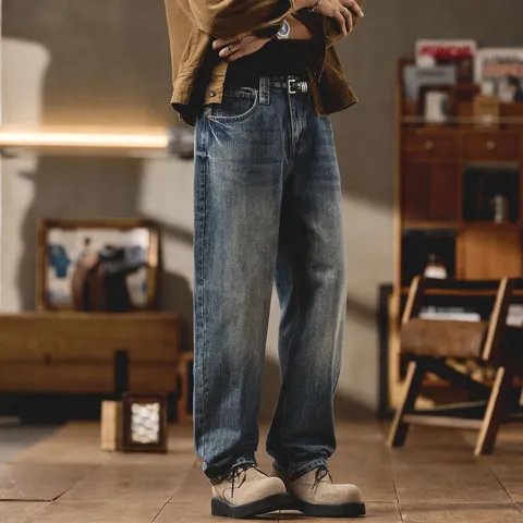 Men High Street Vintage Washed Jeans Loose Casual Curved Leg Denim Pants For Men Baggy Streetwear Hip Hop Straight Leg Trousers