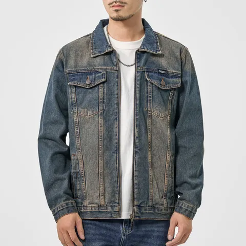 Herren Vintage Gewaschene Jeansjacke Streetwear Lockere Casual Langarm Top Baumwollmischung Tasche Jean Mantel Outwear Für Frühling Herbst
