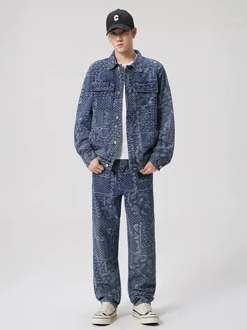 Veste en Jean Homme Paisley Jacquard American High Street Coton Manteau Workwear Large Mode Décontracté Streetwear pour Hommes