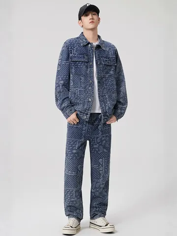 Veste en Jean Homme Paisley Jacquard American High Street Coton Manteau Workwear Large Mode Décontracté Streetwear pour Hommes