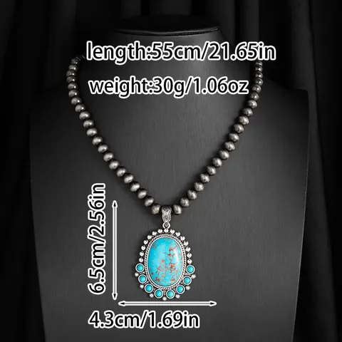 Bohemian Vintage Ethnic Style Turquoise Pendant Necklace For Women Alloy Distressed Metal Bead Chain Western Cowboy Style Layered Sweater Chain Jewelry