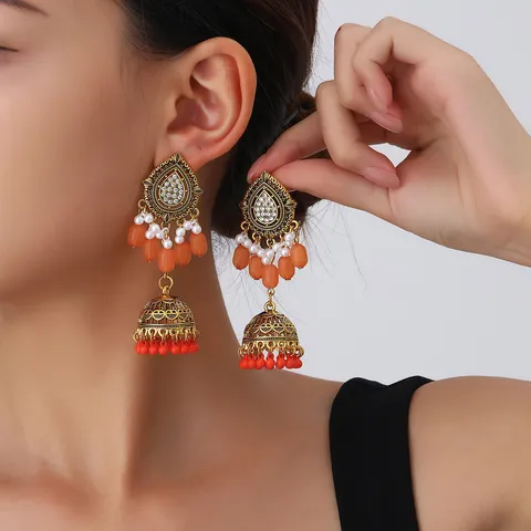 Vintage Bohemian Ethnic Style Jhumka Bell Tassel Earrings Women Zinc Alloy Rhinestone Artificial Pearl Beads Drop Earrings