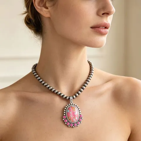Bohemian Vintage Ethnic Style Turquoise Pendant Necklace For Women Alloy Distressed Metal Bead Chain Western Cowboy Style Layered Sweater Chain Jewelry