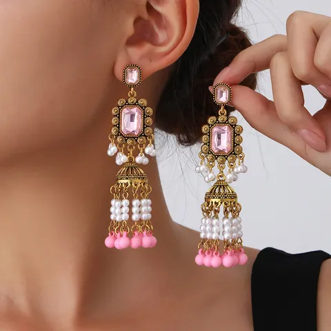 Vintage Antique Gold Exotic Pearl Tassel Drop Earrings For Women Square Rhinestone Bell Long Drop Earrings Palace Style Ethnic Jewelry