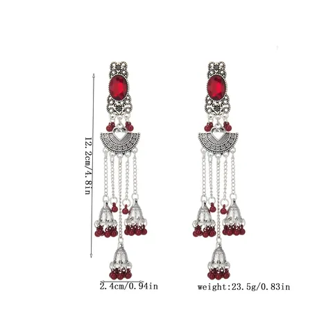 Boho Fan Shaped Carved Multi Chain Bell Tassel Earrings Vintage Alloy Rhinestone Inlaid Long Drop Earrings For Women Ethnic