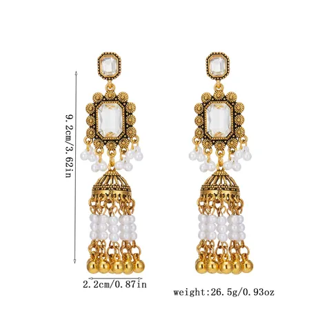 Vintage Antique Gold Exotic Pearl Tassel Drop Earrings For Women Square Rhinestone Bell Long Drop Earrings Palace Style Ethnic Jewelry