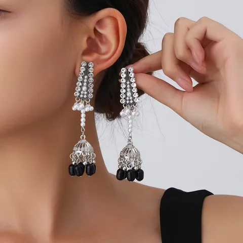 Vintage Silver Birdcage Drop Earrings Rhinestone Artificial Pearl Long Tassel Jhumka Earrings For Women Retro Jewelry