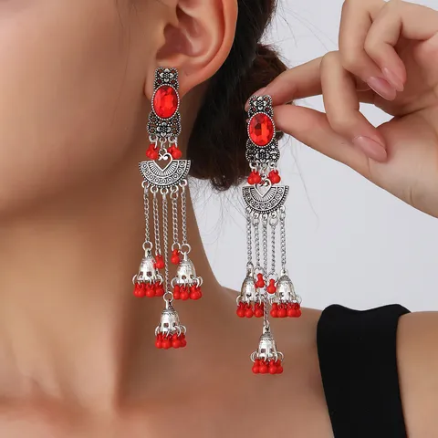 Bohemian Alloy Rhinestone Tassel Drop Earrings For Women Retro Ethnic Hollow Carved Heart Fan Shape Bell Pendant Long Earrings Jewelry Gift
