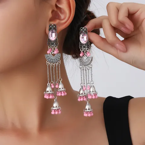 Boho Fan Shaped Carved Multi Chain Bell Tassel Earrings Vintage Alloy Rhinestone Inlaid Long Drop Earrings For Women Ethnic