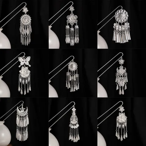 Palillo para el Cabello Estilo Étnico Miao Vintage Chino Borla Larga Mariposa Flor Accesorios Hanfu Horquilla de Aleación Hueca para Mujeres