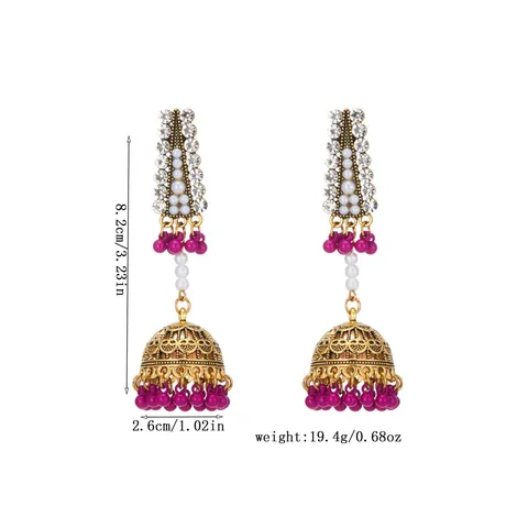 Antique Gold Birdcage Bell Jhumka Tassel Earrings For Women Ethnic Vintage Full Rhinestone Artificial Pearl Bead Drop Earrings