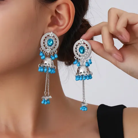 Ethnic Style Hollow Disc Alloy Rhinestone Drop Earrings For Women Vintage Bohemian Colorful Beaded Bell Tassel Earrings Jhumka Jewelry