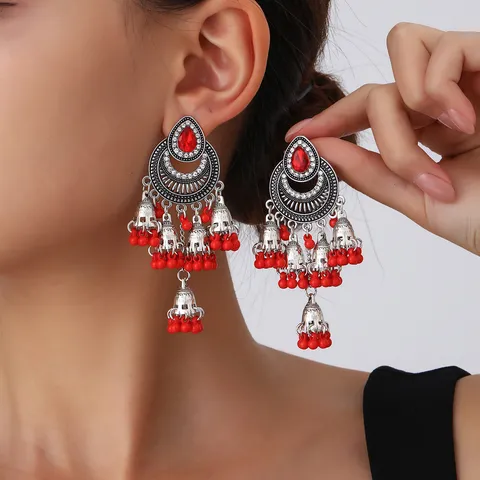 Vintage Silver Ethnic Bell Tassel Earrings With Rhinestone Water Drop Dangle Earrings For Women Bohemian Jewelry Gift