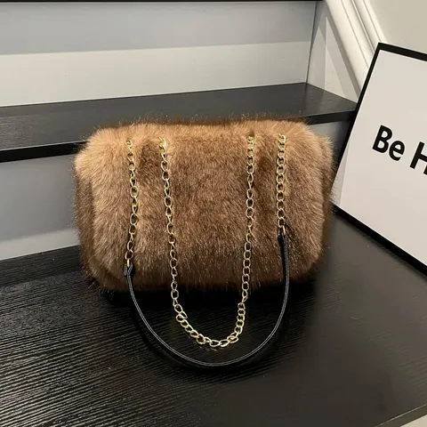 Autumn Winter Plush Tote Bag For Women Large Capacity Fuzzy Chain Shoulder Crossbody Bag Casual Commuter Faux Fur Handbag