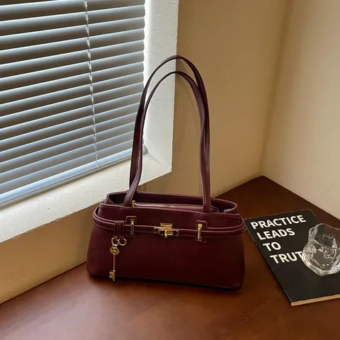 Grand Sac Cabas en Cuir PU pour Femme Décor de Verrouillage Classique Sac à Main à la Mode Sac à Épaule Bureau Décontracté