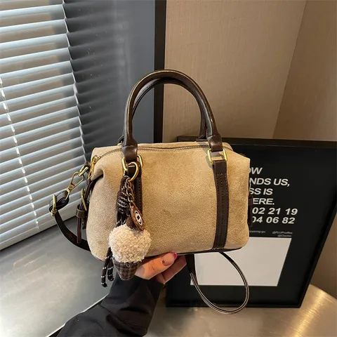 Vintage Suede Patchwork Boston Bag For Women Minimalist Contrast Color Small Square Crossbody Bag Women Fashion Daily Commute Handbag