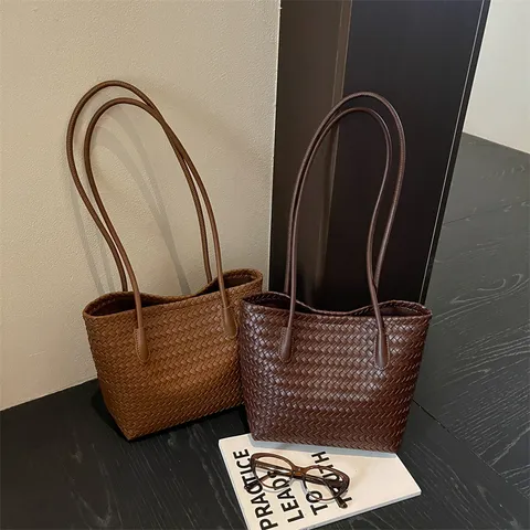 Damen Retro Geflochtene Tote Bag Hochwertige PU Leder Handtasche Mode Einfache Schulter Korb Tasche Elegante Pendler Große Kapazität Shopper