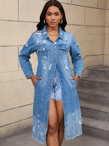 Women Casual Long Denim Windbreaker Jacket Ripped Tassels Turn Down Collar Single Breasted Long Sleeve Oversized Denim Coat
