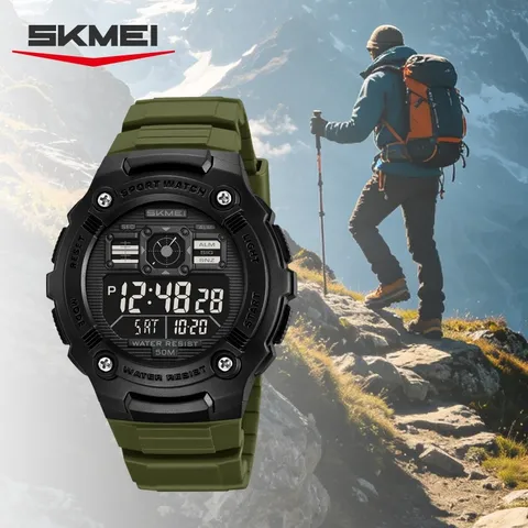 SKMEI Men Outdoor Sports Digital Watch Water Resistant LED Backlight Multi-Function Military TPU Strap Chronograph Alarm Wristwatch
