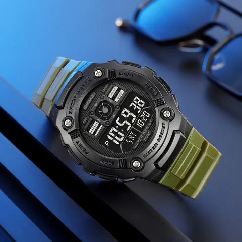 SKMEI Men Outdoor Sports Digital Watch Water Resistant LED Backlight Multi-Function Military TPU Strap Chronograph Alarm Wristwatch
