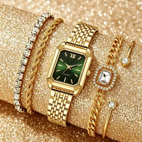 Reloj de Cuarzo Cuadrado de Moda de Lujo para Mujer Juego de Joyas Con Pulseras de Strass Banda de Aleación de Zinc Reloj de Pulsera Números Romanos Regalo