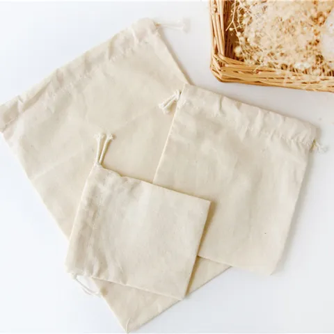 Plain Cotton Drawstring Bag Beige Eco Friendly Reusable Storage Pouch For Tea Gift Jewelry Travel Organizer