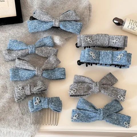 Elegante Fermaglio per Capelli a Fiocco in Lana a Maglia per Donna Acciaio Inossidabile Poliestere Cotone Con Perla Artificiale